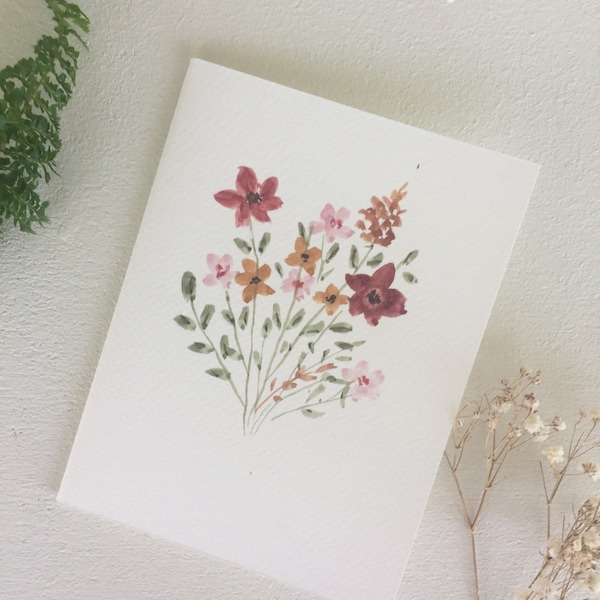 Hand painted original watercolor floral bouquet greeting card - Blank watercolor card with kraft paper envelope, Thank you, Birthday