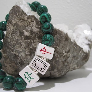 Mahjong Style! Malachite Beaded Stretch Bracelet with Hard to Find Silver Color Mahjong Dragons