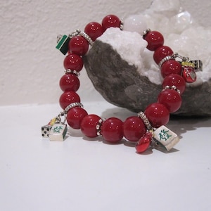 Mahjong! Silver Plated Charms Adorn the Red Coral & Shell Bracelet with White Jade Gemstone