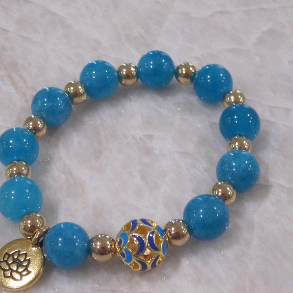 Lotus Flower Charm and Colorful Enamel Bead adorns the Amazonite and Golden Hematite Beads. Stretch Summer Bracelet. Comes with Organza Bag