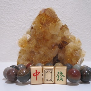 Mahjong Beaded Bracelet with Moss Agate Gemstone and Golden Mahjong Dragons; Red, White, Green