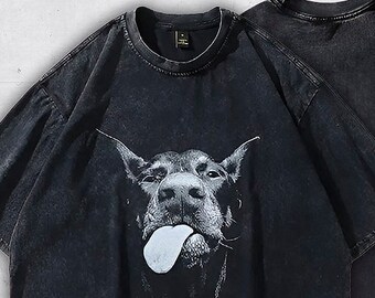 Doberman Dog Graphic Oversized Hip Hop Men's T-Shirt - Men's Oversized Doberman Dog Graphic T-Shirt - Streetwear Hip Hop Harajuku Style