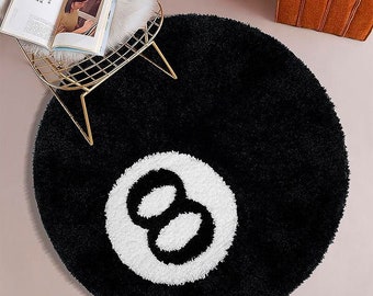 Tapis rond fabriqué à la main avec 8 boules, pièce de décoration d'intérieur capitonnée, tapis décoratif, doux et pelucheux, cadeau de pendaison de crémaillère parfait, tapis Stussy