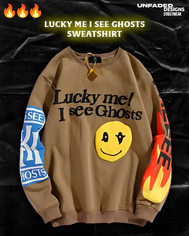 Y2K streetwear meets hip-hop vibes with this Kanye West-inspired 'Lucky Me I See Ghost'
sweatshirt. Loose fit, oversized pullover, cotton fabric, 3D print. Perfect for Kanye fans of all
sizes.