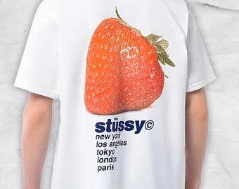 Stussy Printed Streetwear T-Shirt, Strawberry Shirt, Y2K Tshirt Tee, Trendy Shirt, Custom Sweatshirt & Hoodie, Stussy Strawberry Tee