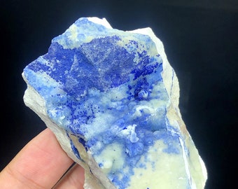 May include: A rough, white rock with blue and purple mineral deposits. The rock has a layered appearance and is irregularly shaped.