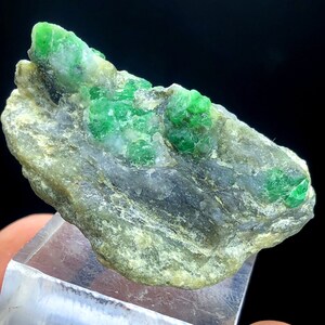 May include: A rough, gray rock with several bright green emerald crystals embedded in it.