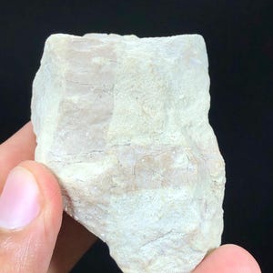 May include: A white, rough-textured rock with visible layers and a slightly pink hue.