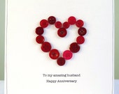 Romantic anniversary card - personalised wedding anniversary greeting card for wife husband girlfriend or boyfriend - red button heart