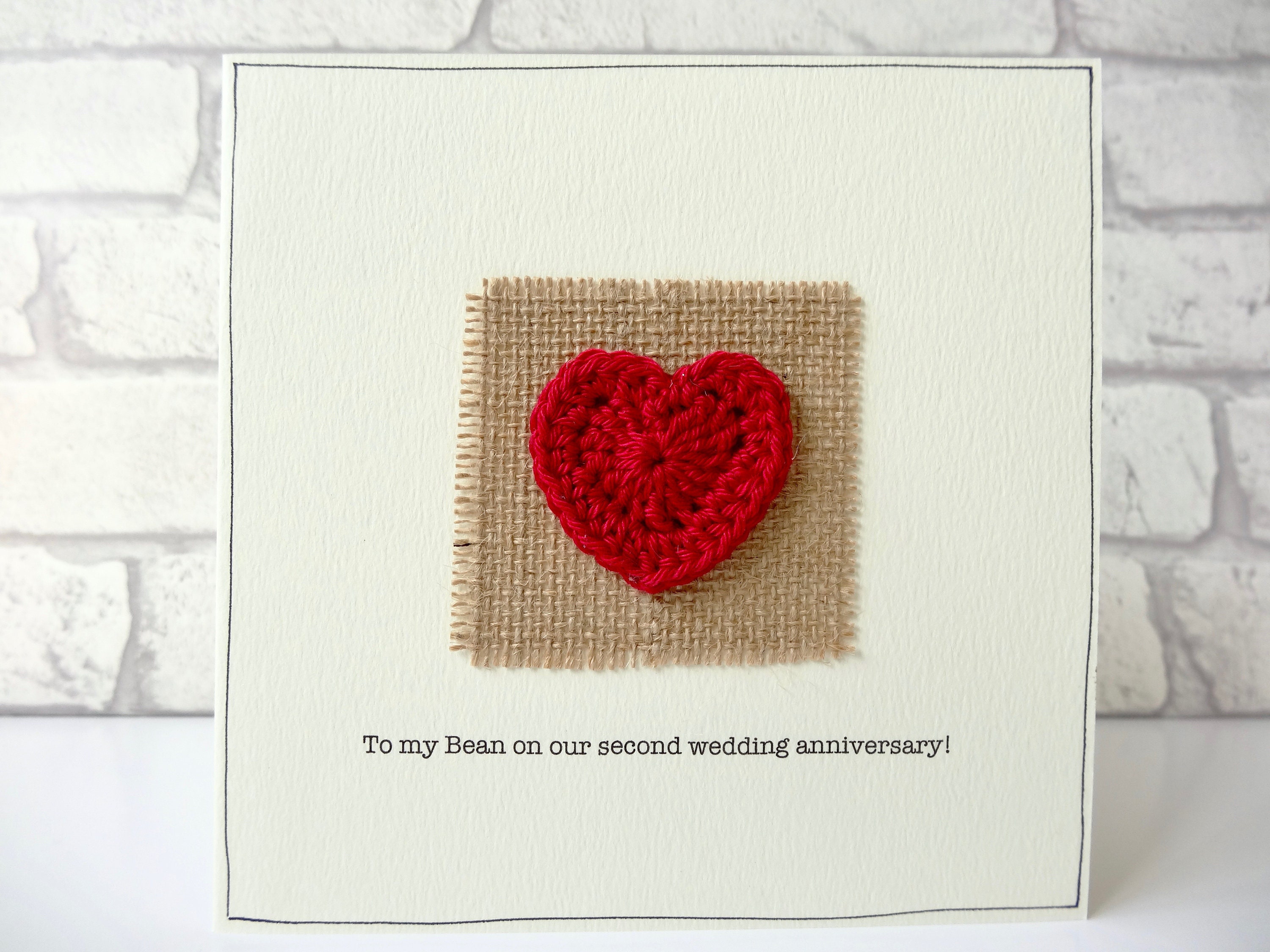 2nd Wedding Anniversary Card Romantic Hessian And Red Heart Etsy