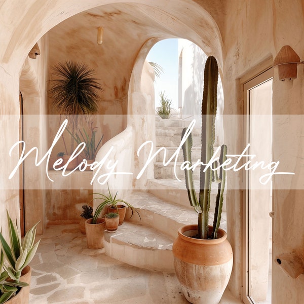 Boho Stock Photo For Faceless Digital Marketing, Stone Entryway with Potted Cactus, Instant Download