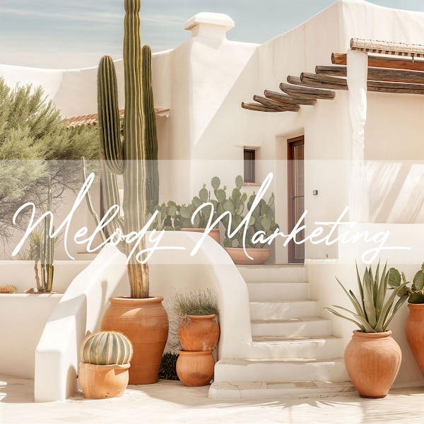 Boho Stock Photo For Faceless Digital Marketing, White Mediterranean Villa With Cactus Plants, Instant Download