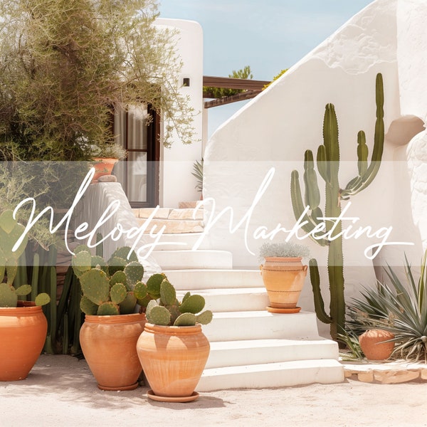 Boho Stock Photo For Faceless Digital Marketing, White Mediterranean Villa Steps and Cacti – Instant Download
