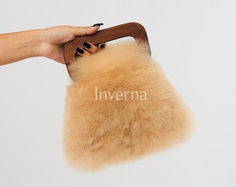 Alpaka „30 Wood bag“ — Luxus-Alpaka-Lederhandtasche — High fashion Alpakafellhandtasche — Holzgriffe — Handgemacht von peruanischen Handwerkern