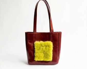 Sac fourre-tout de luxe en cuir de fourrure d'alpaga en cuir de vachette artisan péruvien « CORTEZA »