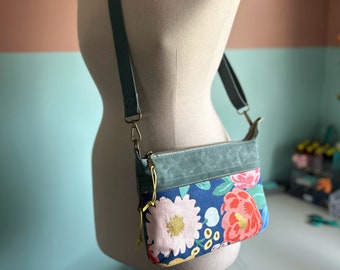 Starburn Mini Crossbody Zipper Bag with Integrated Wallet - Agave Sage Green Waxed Canvas - Rifle Paper Co Vintage Blossom - BESU Handmade