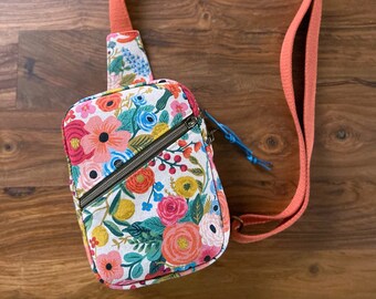 Rifle Paper Co Garden Party Pink Floral - Mini Sling Crossbody Bag - BESU Handmade - Blue & Red