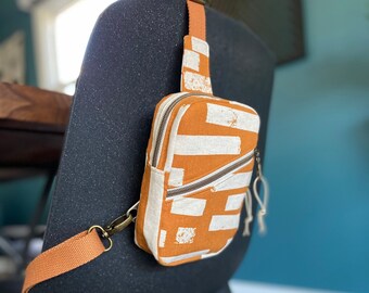 Mini Sling Crossbody Bag - Caramel Brown  & Natural Stripe Canvas - BESU Handmade