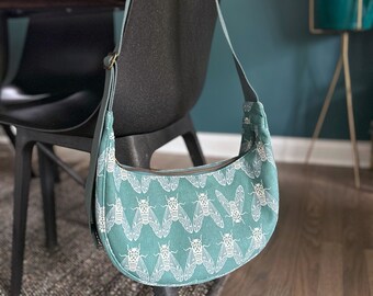 Crosstown Crescent Slouchy Hobo Adjustable Crossbody Shoulder Bag - Teal Green Cicadas - BESU Handmade