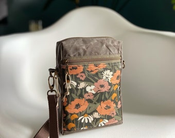 Meadow Flowers - Waxed Canvas Pixie Mini Crossbody Bag - Toasted Umber Rust Orange Mauve Olive Green  - BESU Handmade