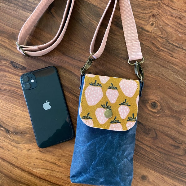 Mini Crossbody Phone Bag - Chartreuse Mustard Strawberry & Navy Blue Waxed Canvas - BESU Handmade