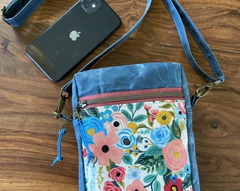 Rifle Paper Co Garden Party - Waxed Canvas Pixie Mini Crossbody Bag - Orion Blue & Pink Floral  - BESU Handmade
