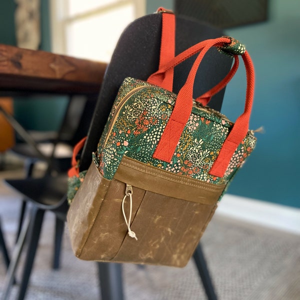 Mini Making Backpack Purse - Woodland Meadow - Deep Forest Green - Coyote Brown Waxed Canvas - BESU Handmade