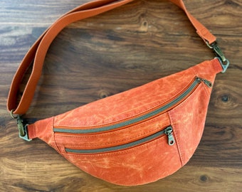 Made to Order - Minimalist Sling Bum Bag Fanny Pack - Burnt Orange Waxed Canvas - Small Bumbastic Bag - Double Zip - BESU Handmade