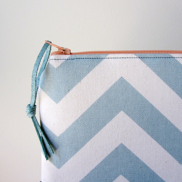 Zip Pouch Mini Clutch - Coral and Steel Blue Chevron