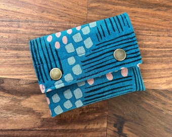 Double Snap Card Wallet 2.0 - Blue & Pink Geometric Stripes - Gray Black - Mini Card Holder - BESU Handmade