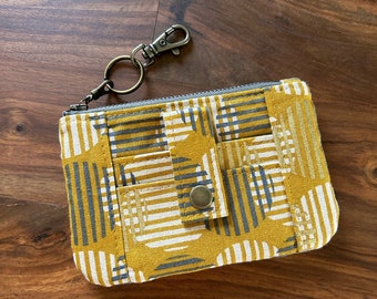 Zip Pouch Card Holder Wallet - Abstract Striped Dots Gray & Mustard Yellow Linen Canvas Metallic Gold - EDC Everyday Carry - BESU Handmade