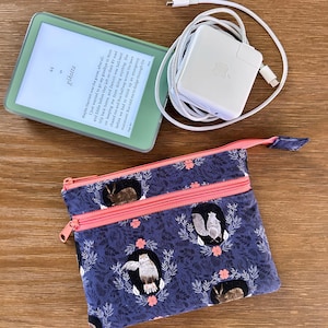Peut inclure: Une liseuse vert clair affichant du texte, un adaptateur secteur blanc avec un câble de charge enroulé, et une pochette en tissu rectangulaire à fond bleu foncé avec un motif répétitif d'animaux des bois, de fleurs et de feuillage, agrémentée d'une fermeture éclair rose corail.