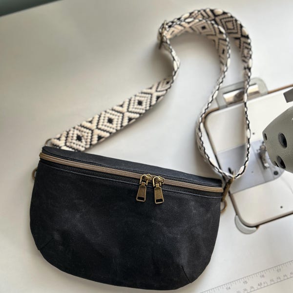 Clamshell Sling Belt Bag Fanny Pack - Solid Black Waxed Army Duck Canvas - Boho Strap - BESU Handmade - Ready to Ship