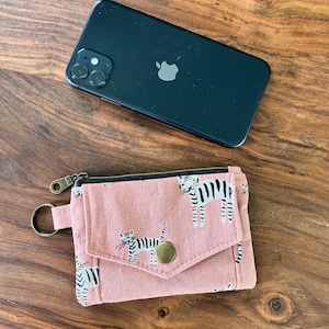 Cartera con tarjetero y cremallera - Rayas de tigre rosa salmón - Lona de lino - EDC - Uso diario - BESU - Hecho a mano