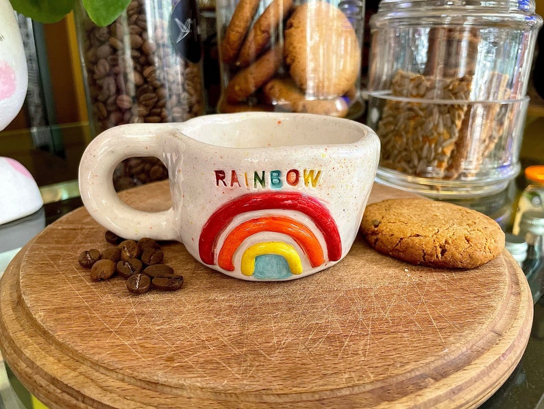 Rainbow Embossed Ceramic Mug, Handmade LGTBQ Stoneware 6-7 oz Cup, Handpainted Glazed Pottery image 1