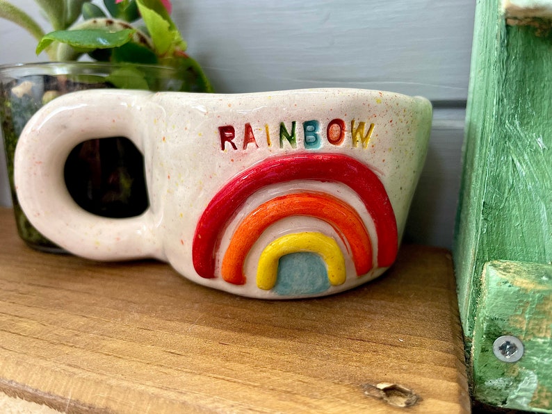 Rainbow Embossed Ceramic Mug, Handmade LGTBQ Stoneware 6-7 oz Cup, Handpainted Glazed Pottery image 5