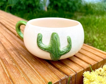 Cactus Embossed Stonewear Mug, Handmade Ceramic 7oz Cup, Handpainted Glazed Pottery, Gift For Her