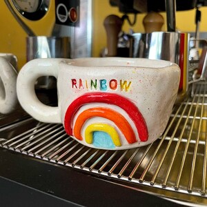 Rainbow Embossed Ceramic Mug, Handmade LGTBQ Stoneware 6-7 oz Cup, Handpainted Glazed Pottery image 4