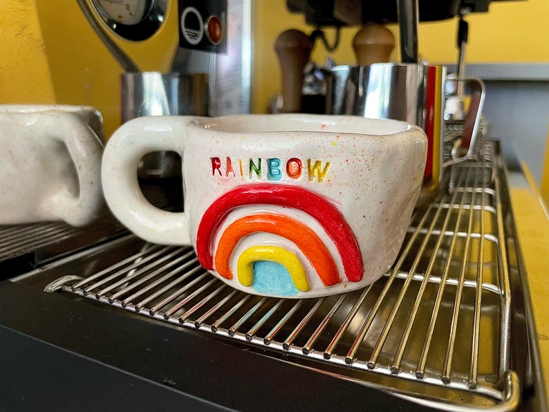 Rainbow Embossed Ceramic Mug, Handmade LGTBQ Stoneware 6-7 oz Cup, Handpainted Glazed Pottery image 4