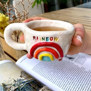 Rainbow Embossed Ceramic Mug, Handmade LGTBQ Stoneware 6-7 oz Cup, Handpainted Glazed Pottery image 2