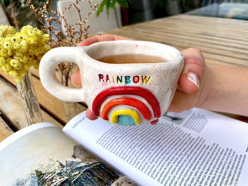 Rainbow Embossed Ceramic Mug, Handmade LGTBQ Stoneware 6-7 oz Cup, Handpainted Glazed Pottery image 2
