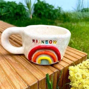 Rainbow Embossed Ceramic Mug, Handmade LGTBQ Stoneware 6-7 oz Cup, Handpainted Glazed Pottery image 3