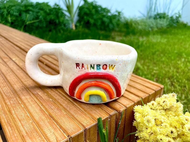 Rainbow Embossed Ceramic Mug, Handmade LGTBQ Stoneware 6-7 oz Cup, Handpainted Glazed Pottery image 3