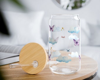 Cloud Sipper Glass 16oz bamboo lid sipper glass with straw glass gift butterfly glass