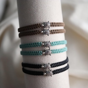 Handmade Macrame Bracelet Set Two Bracelets With Turtle Charm Ocean Inspired Boho Jewelry Unique Friendship Gift Casual Everyday Wear