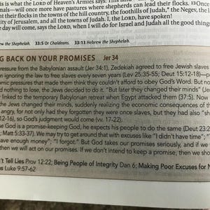 A page from a book with text about promises and religious scripture. The text includes the heading "GOING BACK ON YOUR PROMISES" and references to biblical verses. The page is from the book of Jeremiah.