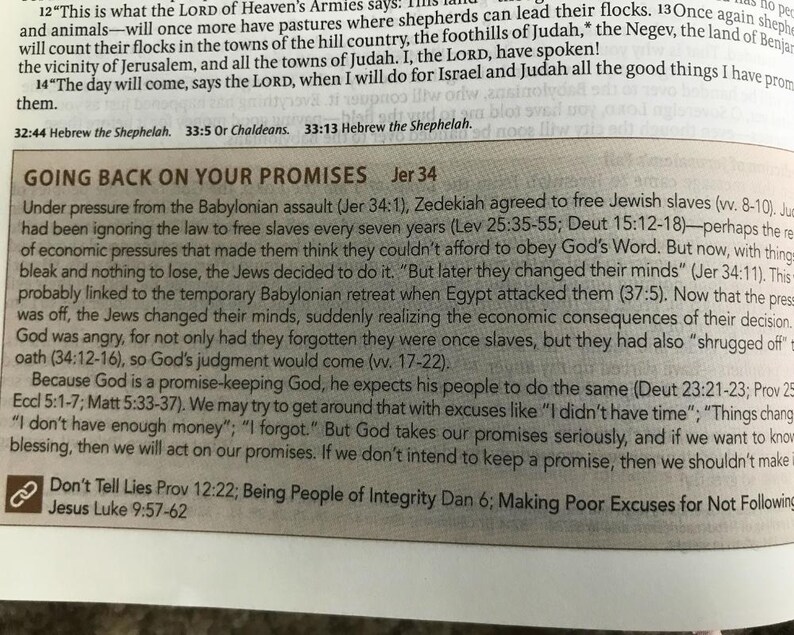 A page from a book with text about promises and religious scripture. The text includes the heading "GOING BACK ON YOUR PROMISES" and references to biblical verses. The page is from the book of Jeremiah.