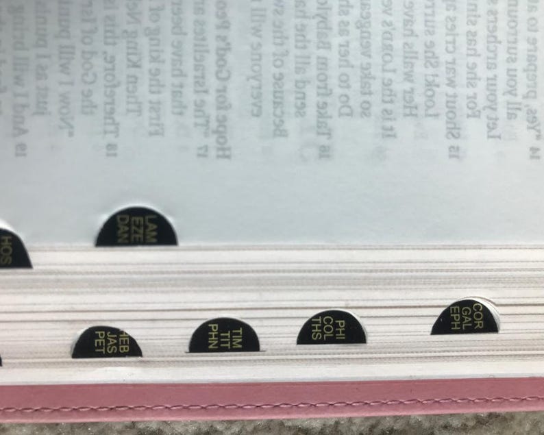 Open Bible with black tab dividers. The tabs are labeled with abbreviations of book names, such as "LAM," "EZE," and "DAN." The pages are white, and the cover is a light pink color.