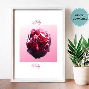 Pode incluir: Um download digital imprimível de um gráfico rosa e branco com o texto "Julho" e "Rubi" e uma ilustração de rubi vermelho.