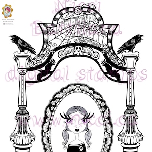 May include: Black and white illustration featuring the text "Wednesday Addams" at the top. The image includes a decorative archway with "Nevermore Academy" and a portrait of a girl with pigtails and large eyes.